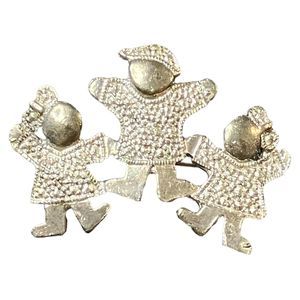 VTG Silver Tone Metal Three Children Brooch Pin 2.25" Textured Figural Family